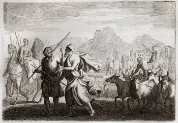 Royaumont Biblia, Ószövetség: Ábrahám elhívása. Isten hívja Ábrahámot, és megparancsolja neki, hogy hagyja el a káldeusok földjét, és jöjjön egy olyan földre, amelyet megígért neki, hogy megadja neki. Illusztráció 1811-ből.