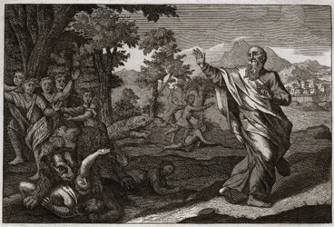Royaumont Biblia, Ószövetség: A gyerekek felfalják a medvéket. Az Elizeus kopaszságán gúnyoló gyerekeket megtépik a medvék. Illusztráció 1811-ből.
