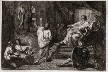 Royaumont Biblia, Ószövetség: Dániel próféta. Dániel próféta feltárja II. Nabukodonozor királynak egy álmát, amit álmodott, és elmagyarázza neki, hogy mire gondolt. Illusztráció 1811-ből.
