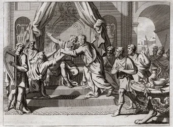 Royaumont Biblia, Ószövetség: Dávid hárfán játszik. Sault Istentől elutasítva megragadja a gonosz szellem. Olyan embert keresünk, aki tud hárfán játszani, hogy megszabadítsa gonoszságában. Illusztráció 1811-ből.