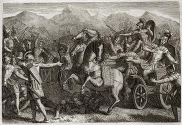 Royaumont Biblia, Ószövetség: Akháb halála. Ahab (Akhab) háborút viselt Szíria ellen, és egy véletlenszerű nyílvesszővel megölték. Illusztráció 1811-ből.