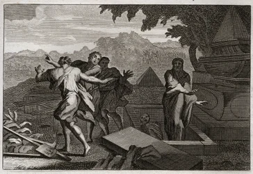 Royaumont Biblia, Ószövetség: A halál feltámad. Véletlenül egy halottat ejtettek Elizeus sírjához, és a csontjai megérintésével támadt fel. Illusztráció 1811-ből.