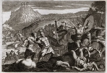 Royaumont Biblia, Ószövetség: Amalec (Amalek) veresége. Mózes győzelmet aratott az amálekiták felett, kezét magasra emelve a mennyben. Illusztráció 1811-ből.