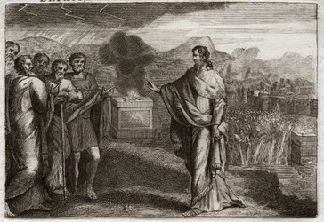 Royaumont Biblia, Ószövetség: A filiszteusok veresége. Sámuel holokausztot ajánl fel Istennek. Aztán a zsidók megvédik a filiszteusokat. Illusztráció 1811-ből.