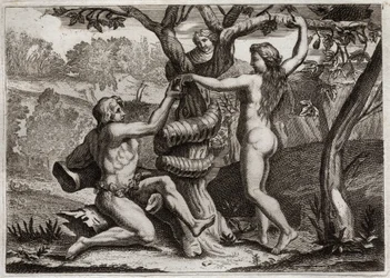 Royaumont Biblia, Ószövetség: Ádám bukása. A Démon a kígyó arca alatt beszél Évához, és a sátorhoz, hogy egyen tiltott gyümölcsöt: Éva elesik, és Ádámot is elbuktatja. Illusztráció 1811-ből.