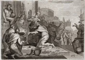 Royaumont bibliája, Ószövetség: Salamon bukása. Salamont megrontják az asszonyok, és tömjént kínál a hamis istenek bálványainak. Az ő halála. Illusztráció 1811-ből.