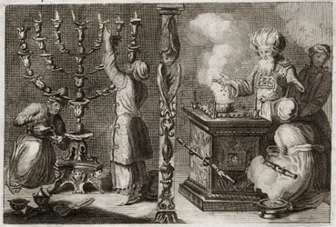 Royaumont Biblia, Ószövetség: Az arany gyertyatartónak hét ága van (menóra vagy menóra) a tabernákulumban. Illusztráció 1811-ből.