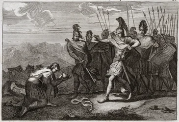 Royaumont Biblia, Ószövetség: Saul feje. A filiszteusok élvezik Saul halálát, és fejét bálványuknak ajánlják. Dávid megbánja a halálát, és Júdeába megy, különben királlyá ismerik el Hebronban. Illusztráció 1811-ből.