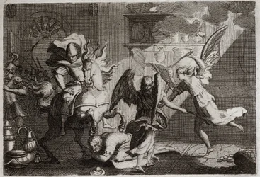 Royaumont Biblia, Ószövetség: Heliodore a templomra vadászik. Heliodore-t (Heliodorost), akit uralkodója küldött a jeruzsálemi templom kifosztására, yardokkal verték az angyalok. Illusztráció 1811-ből.