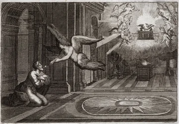 Royaumont Biblia, Ószövetség: Ésaiás próféta. Egy szerafin fogott csipesszel egy égő szenet, amely az oltáron volt, és megérintette ennek a szent próféta ajkát, hogy megtisztítsa minden szennyeződésétől. Illusztráció 1811-ből.