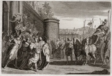 Royaumont Biblia, Ószövetség: Jefte feláldozza a lányát. Jefte, Izrael bíráinak egyike megesküdött, hogy feláldozza Istennek az első embert, aki az ammoniták elleni győzelme után eljön hozzá. A lánya volt. Illusztráció 1811-ből.
