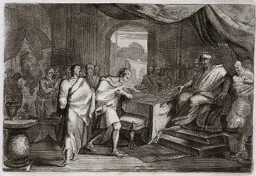 Royaumont bibliája, Ószövetség: Joachim vasat lő. Evilmerodach (Evil Merodac, Evil Merodac), Babilon királya II. Nabukodonozor halála után bánik Joachimommal (Joakim, Joachin, Jechoniah), Júda egykori királyával, és vasalókból rántja, hogy üljön