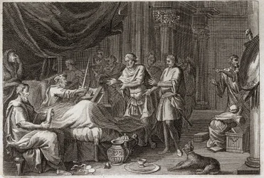 Royaumont Biblia, Ószövetség: Judas Machabee. Judas Machabee (Maccabee, Macabee) apját, Matathiast (Mathathias, Mattathias) követte a hadsereg vezetésében, és támogatta az egész zsidó népet a szeleukidák elnyomása ellen. Illusztráció