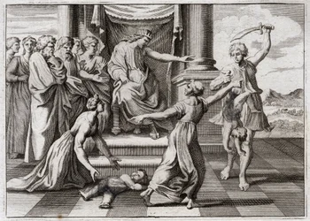 Royaumont Biblia, Ószövetség: Salamon ítélete. Salamon híres ítélete két nő között, hogy felismerjék, melyikük volt egy gyermek anyja, akiről mindketten azt vallották, hogy ő. Illusztráció 1811-ből.