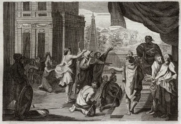 Royaumont Biblia, Ószövetség: Mózes a fáraó előtt. Mózes arra kéri a fáraót, hogy engedje el a hébereket a pusztába áldozni az Úrnak. Illusztráció 1811-ből.