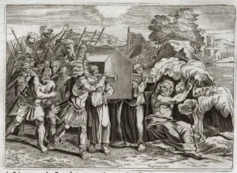 Royaumont Biblia, Ószövetség: A Jordán áthaladása. Józsué elhozza a Jordánt az egész néphez. Ez a folyó kiszárad, és bementek abba a papok, akik a frigyládát hordták; és a vizek felemelkedtek fent, és hegyként függőben maradtak. én