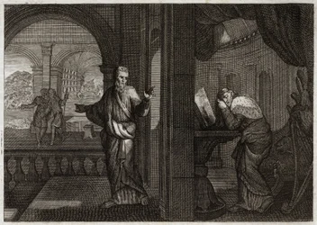 Royaumont Biblia, Ószövetség: Dávid bűnbánata. Isten elküldi Nátán prófétáját Dávidhoz, hogy képviselje hibáját. Az a sajnálat, amit ez a szent király kitalált belőle, arra készteti, hogy elfogadja mindazt a rosszat, amit a próféta megjósolt neki. Illusztr