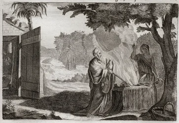 Royaumont Biblia, Ószövetség: Gedeon áldozata. Gedeont (Gideont) hívta el Isten, hogy vegye el a zsidókat ellenségeiktől. Kövön mutat be áldozatot, amelyből tűz jön ki, amely megemészti. Illusztráció 1811-ből.