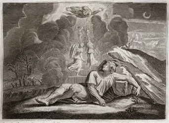 Royaumont Biblia, Ószövetség: Jákob mérlege. Jákob Ézsau haragja elől menekül, titokzatos létrán alszik. Illusztráció 1811-ből.
