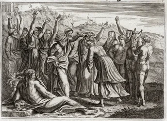 Royaumont Biblia, Ószövetség: Salamon király. Dávid megalapította Salamon királyt Bethsabee és Nátán próféta imáira. Illusztráció 1811-ből.