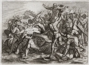 Royaumont Biblia, Ószövetség: Sun Stop. Joshua, aki üldözi amorita ellenségeit (amorritákat), megállítja a Napot, hogy több ideje legyen feloldani őket. Illusztráció 1811-ből.