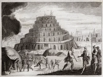 Royaumont Biblia, Ószövetség: Bábel tornya. Az emberek hiúságból egy tornyot akarnak a mennybe emelni. Isten megakadályozza ezt a munkát azzal, hogy összezavarja a nyelvüket, hogy többé ne hallják egymás beszédét. Illusztráció 1811-ből.