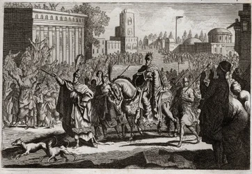 Royaumont Biblia, Ószövetség: Mardochee diadala. Ámánt (Hámánt) a király arra kényszeríti, hogy közölje ellensége Mardochee (vagy Mordekhai vagy Mordecai) győzelmét Susan (ismertebb nevén Susa) városában. Illusztráció 1811-ből.
