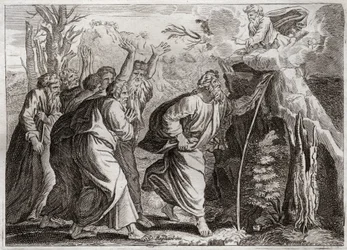 Royaumont Biblia, Ószövetség: Víz a sziklából. Mózes vizet hoz ki a sziklából, és inni ad Izráel népének. Illusztráció 1811-ből.