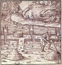 Bitumen visszanyerés. Georg Bauer „” Agricola De Re metallica”” 15. századi könyve. Bibl. a milánói Tudományos Múzeumban.