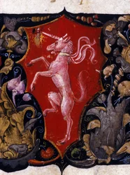 Egyszarvút díszítő Blazon piros alapon. Egy miniatűr részlete. 15. század