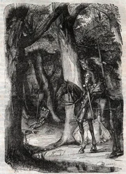 Bradamante apercoit Pinabel (Pinabello) - Ludovico Ariosto (16. századi) „” Roland furieux” (Orlando furioso) metszete (16. század), Ariosta néven ismert – Tressan gróf olasz nyelvről fordított kiadása, Gustave Harvard kiadása 1851