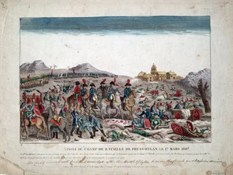 Poroszország és Lengyelország hadjárata (1806-1807) "I. Napóleon az eilaui csatatéren 1807.02.09." - Az eilaui csatatéren - Anonymous - 1807 - Rézkarc, akvarell - 33,4x44, 5 magángyűjtemény