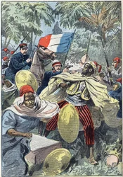 Samory Touré (kb. 1830-1900) szudáni vezető és Afrika francia gyarmatosításának ellenzője elfogása Gouraud százados és Jacquin hadnagy által. Szudán