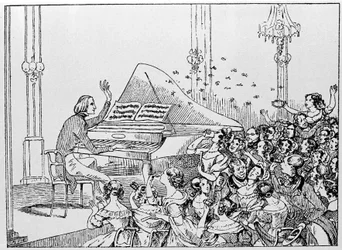 Rajzfilm Liszt Ferenc diadaláról egy 1842-es berlini koncerten.