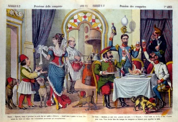 A „Le Parroquet” (il Pappagallo) olasz újság rajzfilmje az 1878-as berlini kongresszusról (Congresso di Berlino) (Diplomáciai Konferencia). A berlini kongresszuson felülvizsgálták Oroszország Törökországgal szembeni igazságtalanságát: a törökök kénytelenek