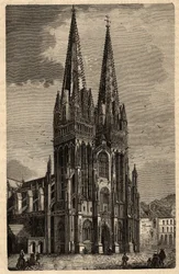 Quimper Saint Corentin székesegyháza - Cathedrale Saint-Corentin de Quimper - metszet "" PATRIE" - PECTUREQUIREQUE FRANCIAORSZÁG LEÍRÁSA 6 KÖTETÉSBEN LUCIEN HUARD - 19. század vége