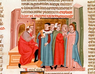 Jusztinianus császár (483-565) idején esküvőt ünnepeltek. Miniatűr a „Justinianus Istitutiones”-ból” 14. századi Padova, Biblioteca capitolare