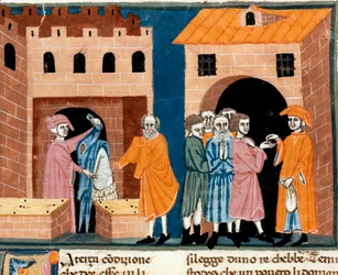 Jótékonyság a középkorban: „” állami segítség””. Jótékonysági és szegények segítésének színtere. A firenzei iskola miniatúrája a „Pater noster” olasz fordításából, Ser Zucchero Bencivenni firenzei közjegyzőtől, 14. eleje