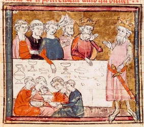 Charlemagne (742-814) és unokaöccse, a lovas Roland egy banketten, ahol a szegény miniatűr a „Grandes Chronicles de France”-ból” 1375-1379 Városi Könyvtár, Castres