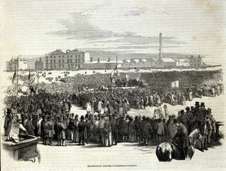 Chartista tüntetés a Kennington Commonon: a szocializmus előfutárának számító politikai munkásmozgalom, 1848-as metszet