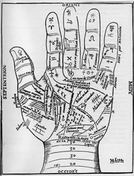 Chiromantia - PALMISTY DIAGRAM - A bal kéz bolygó- és állatövi diagramja - Jean Belot "" Különféle életművei" című fametszet Lyons, Franciaország