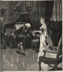 Christoph Willibald Gluck Marie-Antoinette királynő előtt Trianonban - Christoph Willibald Gluck (1714-1787), német zeneszerző Marie Antoinette királynő előtt játszik a Trianonban - metszet „Popular Music”” illusztrált hetilapban - 1882