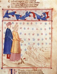 Árulók köre: Dante és Vergilius találkozik Ugolino della gherardescával, Pisa zsarnokával, aki hazaárulásért elítéli, megveri az Archeveque Ruggeri fejét. A pokol 33. dalát illusztráló világító oldal a „Divina Commedia”-ból merít