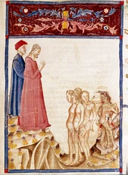 Árulók köre: Dante és Vergilius találkozik a jótevők árulóinak lelkével. A pokol 34. dalát illusztráló világító oldal Dante Alighieri (1265-1321) „Divina Commedia” című művéből merít. 14. század, Velence, Biblioteca Marciana