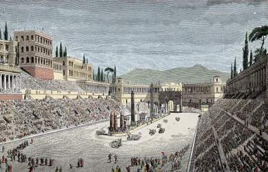 Circus Maximus - A nagy cirkusz vagy Maxime cirkusz, Rómában, szekérversennyel - Színes gravírozás