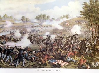 Polgárháború (1861-1865), amerikai polgárháború 1861.07.21.: Első Bull Run-i csata vagy Első Manassas-i csata: Virginia, a Beauregard tábornok parancsnoksága alatt álló Konföderáció legyőzte Mac Dowell tábornok északi csapatait. Metszés.