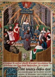 Claude de Seyssel (meghalt 1520-ban) felajánlja könyvét XII. Lajos királynak (1462-1515) Miniatűr Claude de Seyssel „La Grande Monarchy de France” című művéből.