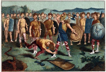Clovis (465-511) és a frank harcos, aki 486-ban összetörte a soissons-i vázát - I. Clovis lesújt arra a katonára, aki 486-ban összetörte a soissons-i vázát. 19. századi kromolitográfia.