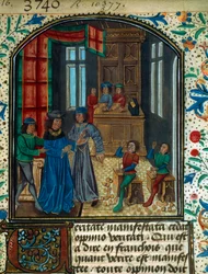 Érmeverés a középkorban. Miniatűr Nicolas Oresme (1320-1382) vázlatából. 15. század B.N. Párizs