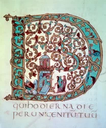 Húsvéti gyűjtemény: nagy kezdőbetűs (letrine) D díszes és historiee (a szent asszonyok a sírnál). Miniatűr (Folio 58) a „Scramental of Drogon”” kéziratról a metzi katedrális tresorjából, 845-855. BN, Párizs.